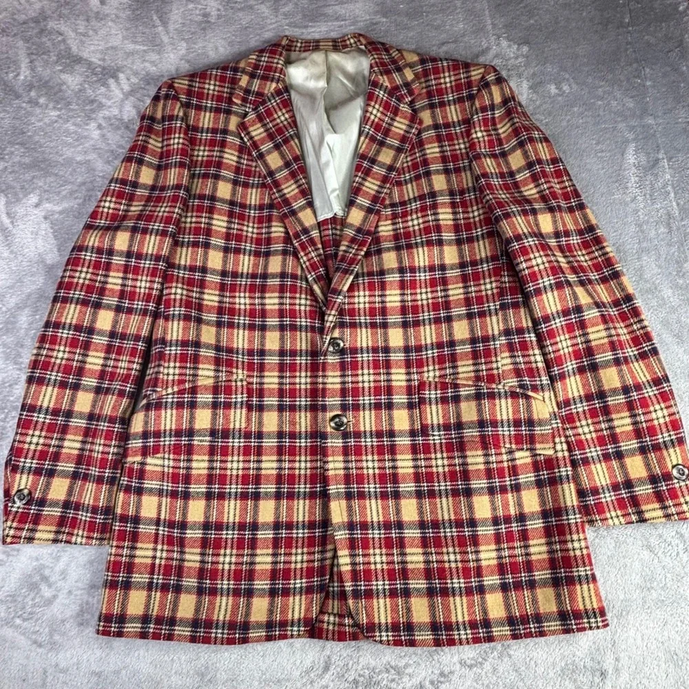 Ratner Clothes Blazer Mens 40R Red Tan Plaid Vintage Two Button Sport Coat Wool
